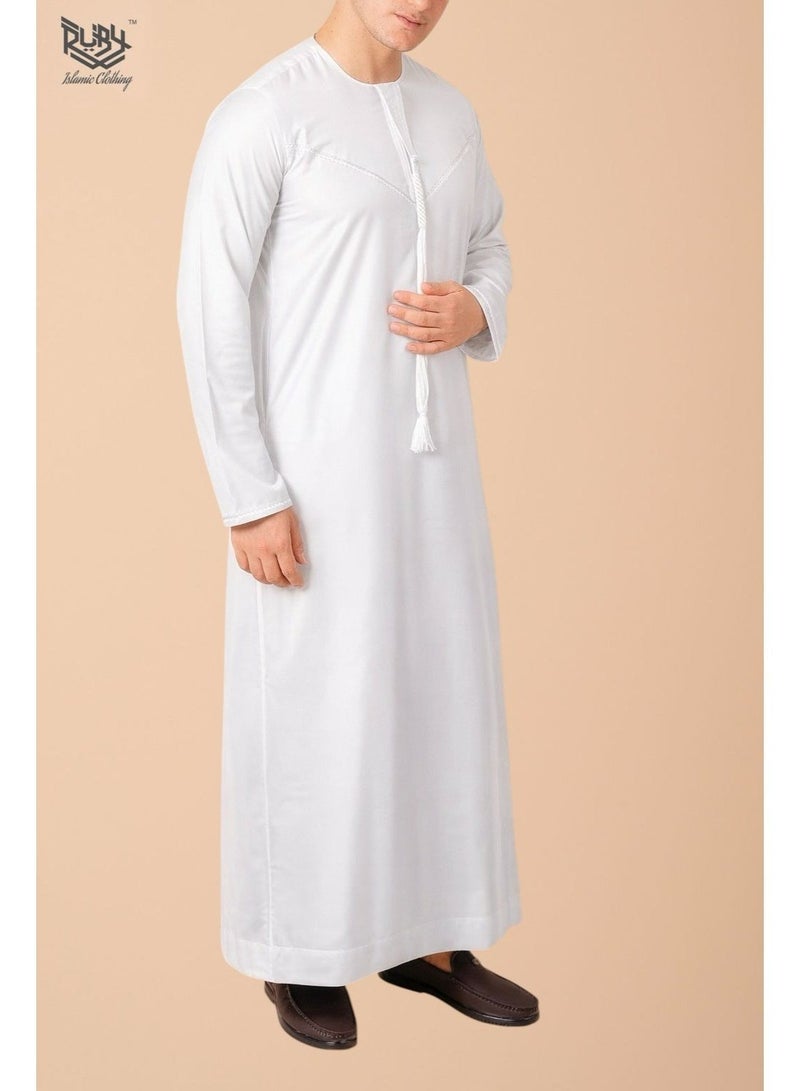 RUBY ISLAMIC CLOTHING Classic White Emirati Thobe kandura for Men with Intricate Embroidery Men's kandura Kaftan Round Neck Long Sleeve Saudi Arabian Muslin Robe - Image 2